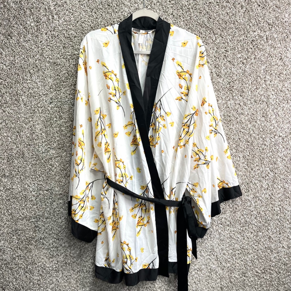 Cacique Robe Womens Size 22/24 White and Yellow Floral Satin Belted Short Kimono